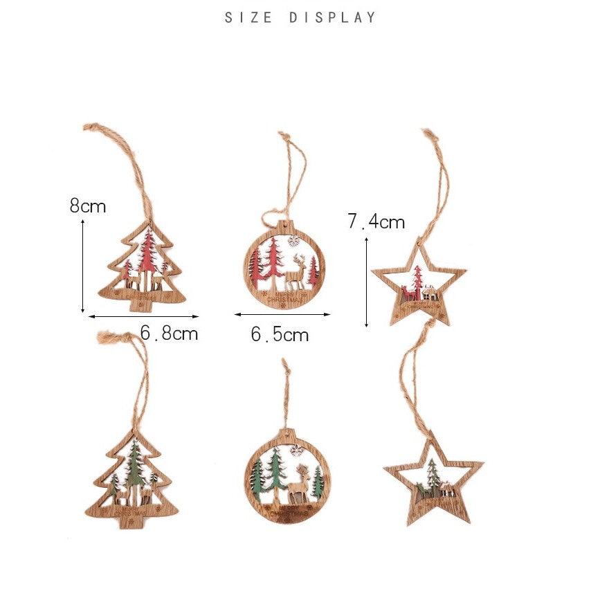 Set 6 Decoratiuni de Craciun din Lemn, Klevo, cu Snur pentru Agatare in Brad, Model Brad, Glob si Steluta, Rosu