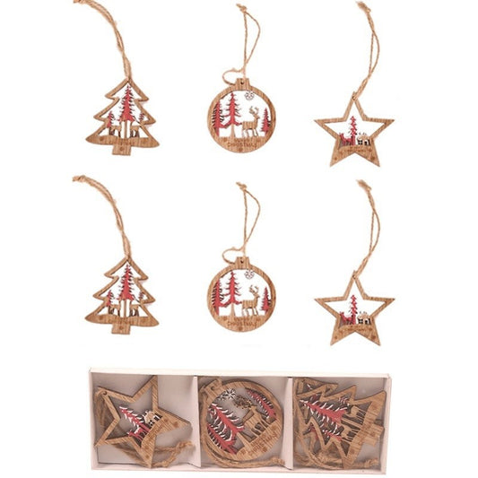 Set 6 Decoratiuni de Craciun din Lemn, Klevo, cu Snur pentru Agatare in Brad, Model Brad, Glob si Steluta, Rosu