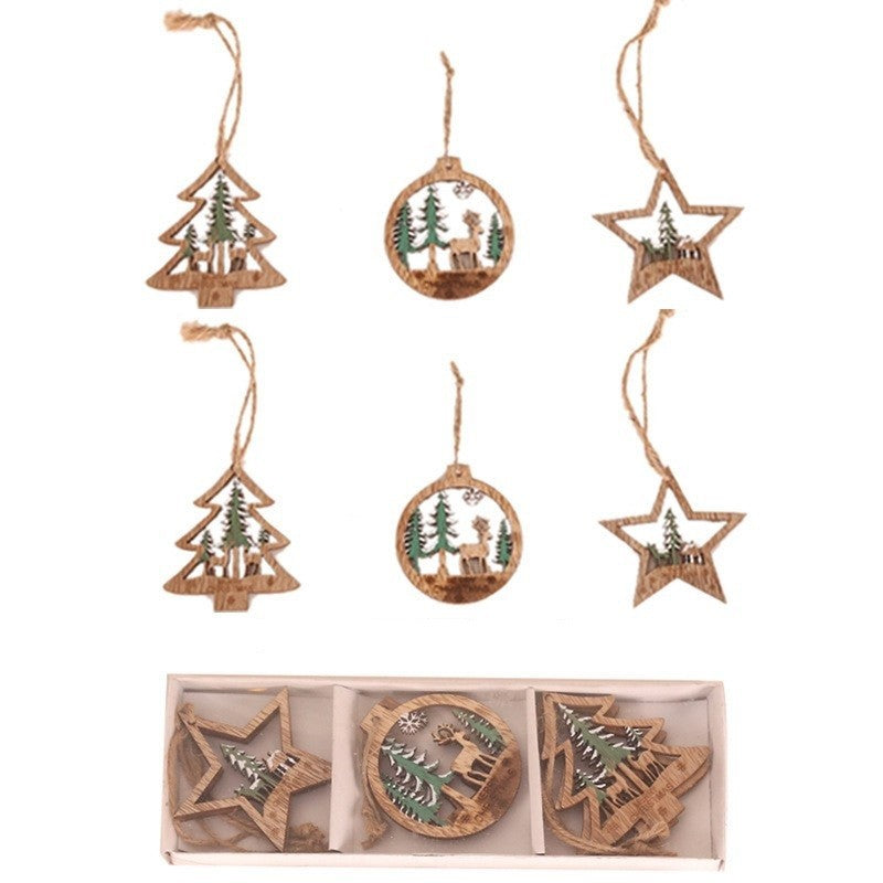 Set 6 Decoratiuni de Craciun din Lemn, Klevo, cu Snur pentru Agatare in Brad, Model Brad, Glob si Steluta, Verde