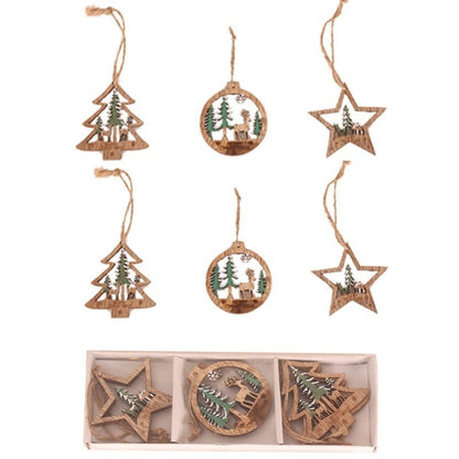 Set 6 Decoratiuni de Craciun din Lemn, Klevo, cu Snur pentru Agatare in Brad, Model Brad, Glob si Steluta, Verde