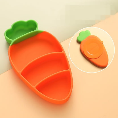 Set diversificare bebelusi Klevo, din silicon, 23.5 x 12.5 cm, 1 farfurie compartimentata in forma de morcov, lingurita si furculita, pai, perie pai, fara alergeni, ventuza fixare,  forma creativa,  portocaliu