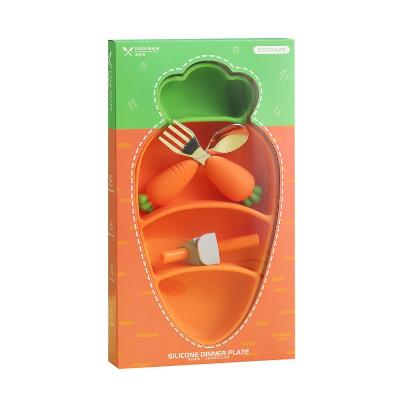 Set diversificare bebelusi Klevo, din silicon, 23.5 x 12.5 cm, 1 farfurie compartimentata in forma de morcov, lingurita si furculita, pai, perie pai, fara alergeni, ventuza fixare,  forma creativa,  portocaliu