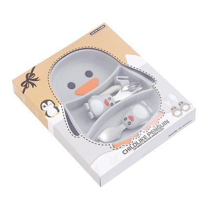 Set diversificare bebelusi Klevo, din silicon, 23.5 x 12.5 cm, 1 farfurie compartimentata in forma de pinguin, lingurita si furculita, pai, perie pai, fara alergeni, ventuza fixare,  forma creativa,  gri