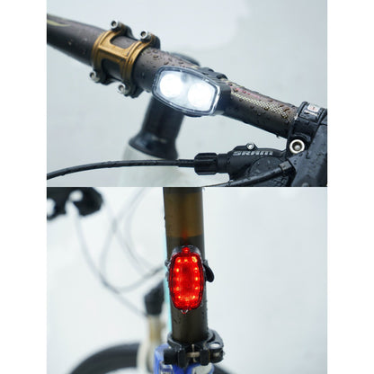 Set far si stop spate LED bicicleta, Klevo, incarcare USB, rezistent la apa, 4 moduri de luminare, Plastic, Alb/Rosu, 10x6x4 cm