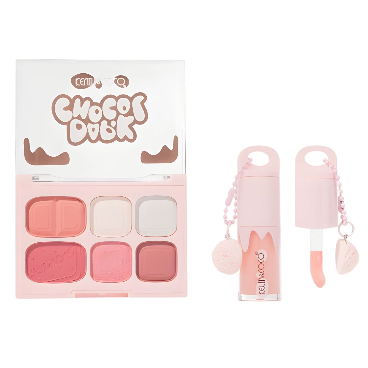 Set Machiaj, Kevin&Coco, Paleta Farduri de Ochi si Lip Gloss, 6 Nuante, Finisaj Mat, Shimmer, Textura Fina, Pigmentare Intensa, 10.4 g, 14.7 x 10.5 x 3.5 cm, Roz
