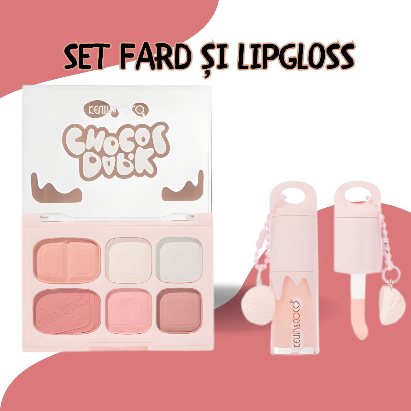 Set Machiaj, Kevin&Coco, Paleta Farduri de Ochi si Lip Gloss, 6 Nuante, Finisaj Mat, Shimmer, Textura Fina, Pigmentare Intensa, 10.4 g, 14.7 x 10.5 x 3.5 cm, Roz