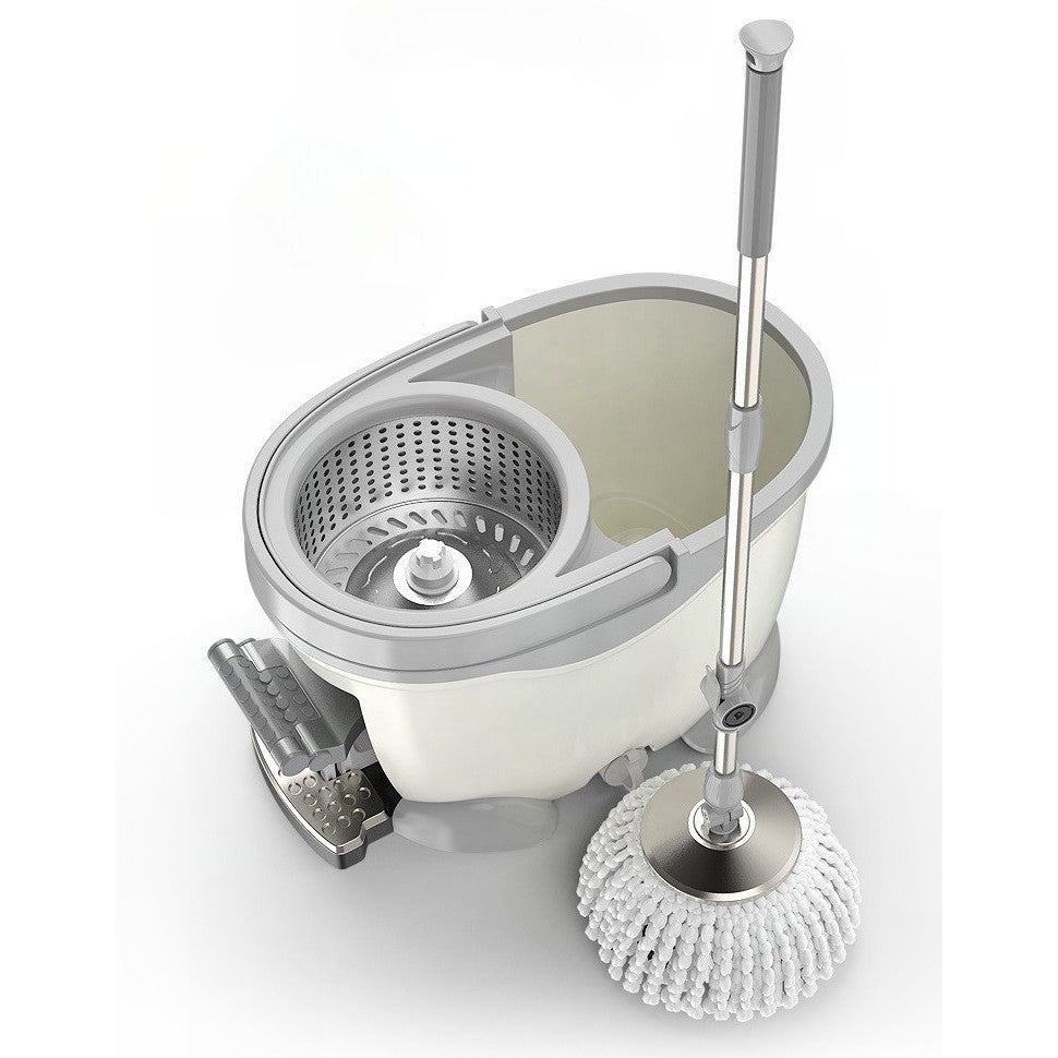 Set Galeata cu Pedala si Mop Rotativ 360°, Klevo, Cu Actiune Centrifuga x4, Pentru Uz Casnic, Maner din Otel Inoxidabil Telescopic, 2 Capte din Bumbac, 46x30x28 cm, Alb Ivoir