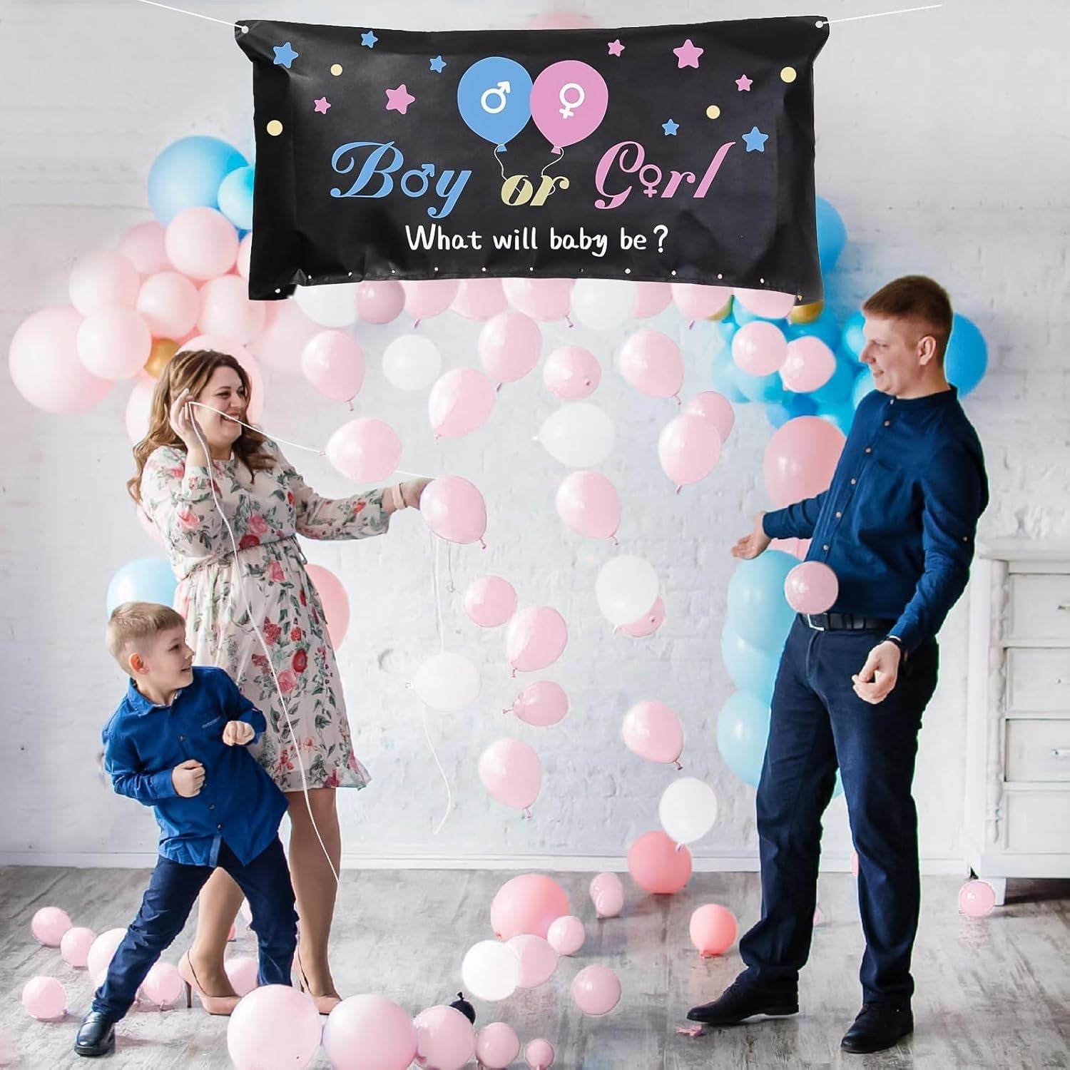 Set Gender Reveal, Klevo, Balloon Drop Bag, din Plastic si Latex, 24 Baloane Roz si Albastru 13 cm, Sac pentru Baloane 60 x 120 cm, Multicolor