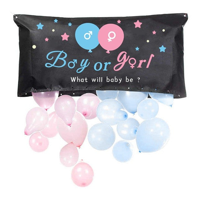 Set Gender Reveal, Klevo, Balloon Drop Bag, din Plastic si Latex, 24 Baloane Roz si Albastru 13 cm, Sac pentru Baloane 60 x 120 cm, Multicolor