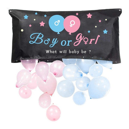 Set Gender Reveal, Klevo, Balloon Drop Bag, din Plastic si Latex, 24 Baloane Roz si Albastru 13 cm, Sac pentru Baloane 60 x 120 cm, Multicolor