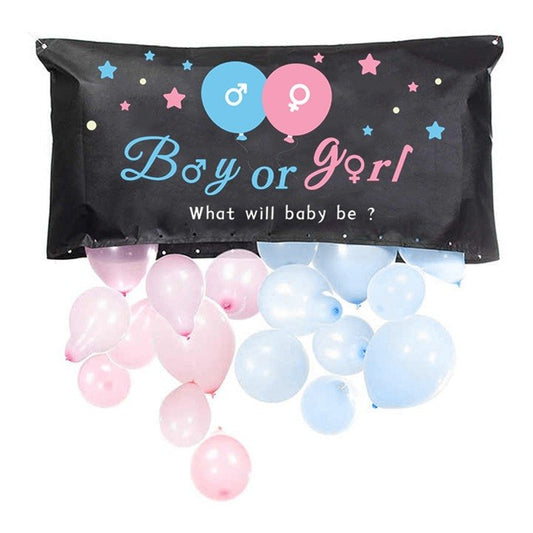 Set Gender Reveal, Klevo, Balloon Drop Bag, din Plastic si Latex, 24 Baloane Roz si Albastru 13 cm, Sac pentru Baloane 60 x 120 cm, Multicolor