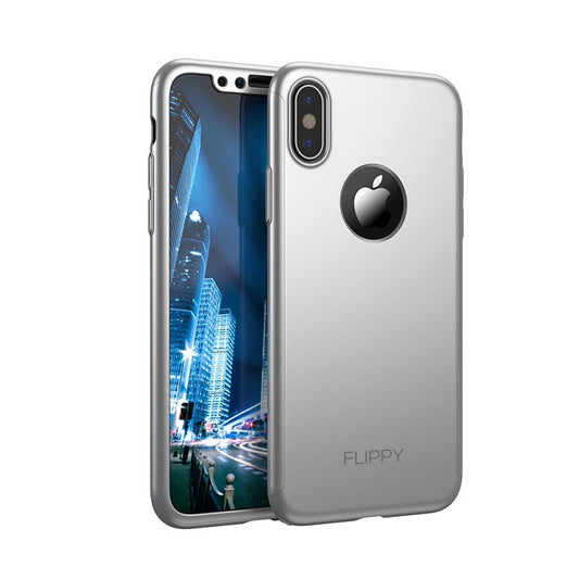 Set Husa si Folie de Protectie, Klevo, Compatibila cu Apple iPhone X, Full Cover 360°, Plastic + Sticla, Argintiu