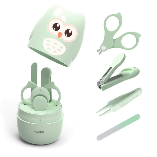 Set 4 Piese Ingrijire Unghii Bebelusi, Klevo, din ABS+Otel Inoxidabil, Cutie de Depozitare Tip Bufnita, de la 0 Luni, 11.5 x 5 x 11.5 cm, Verde