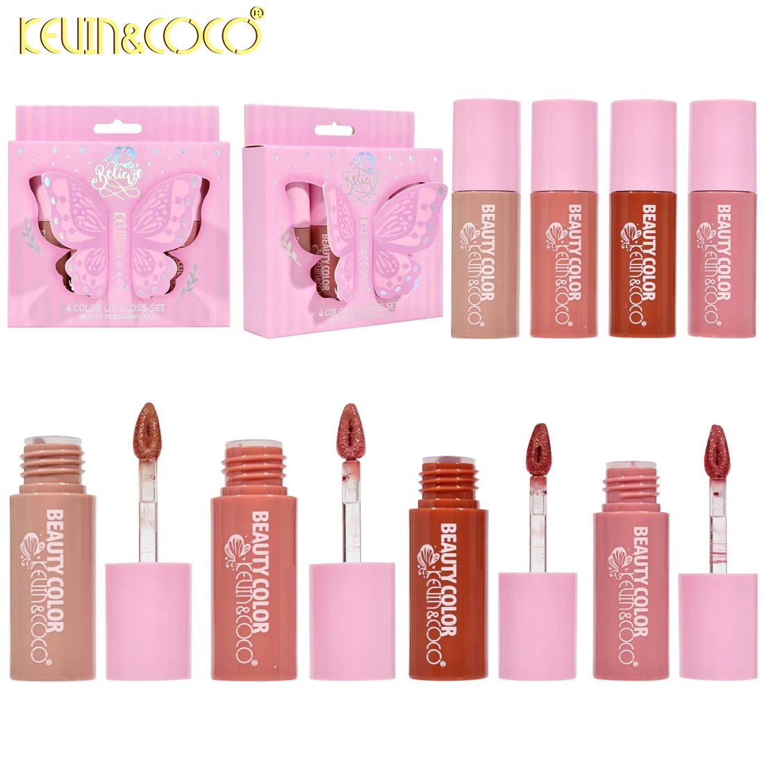 Set Luciu de Buze, Kevin&Coco, 4 Lip Gloss, Model Believe, Stralucire si Hidratare Intensa, 10x2.2x10.3 cm, 4x2.5 ml, Multicolor