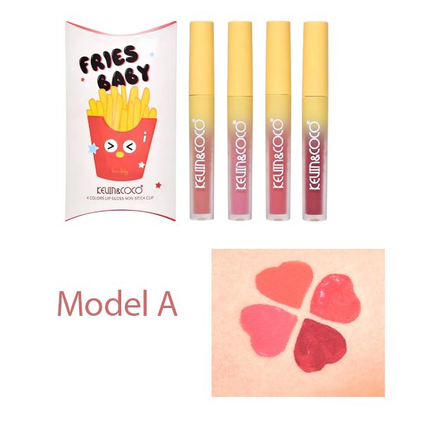 Set Luciu de buze, Kevin&Coco, Fries Baby, 4 Lip Gloss-uri, Stralucire si Hidratare Intensa, Rezistent, Model A, Multicolor