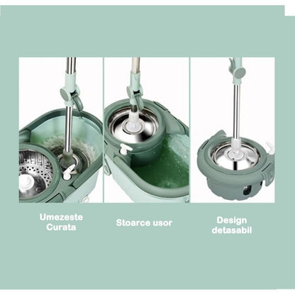 Set mop rotativ cu galeata Klevo, material plastic si microfibra, o rezerva inclusa, rezistent, cu dop scurgere, vas detasabil, orificiu pentru solutie, pentru interior, capacitate 8 l, verde