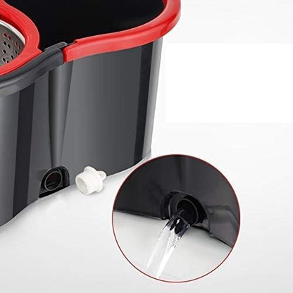 Set mop rotativ cu galeata Klevo, material plastic si microfibra, rezistent, cu dop scurgere, vas detasabil, pentru interior, capacitate 8 l, negru/rosu