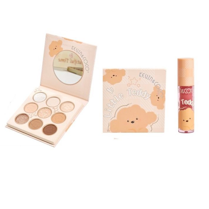 Set de Machiaj, Kevin&Coco, Paleta de Farduri pentru Pleoape si Lipgloss, 10.2x10.2x1.5cm, Model Teddy, Multicolor