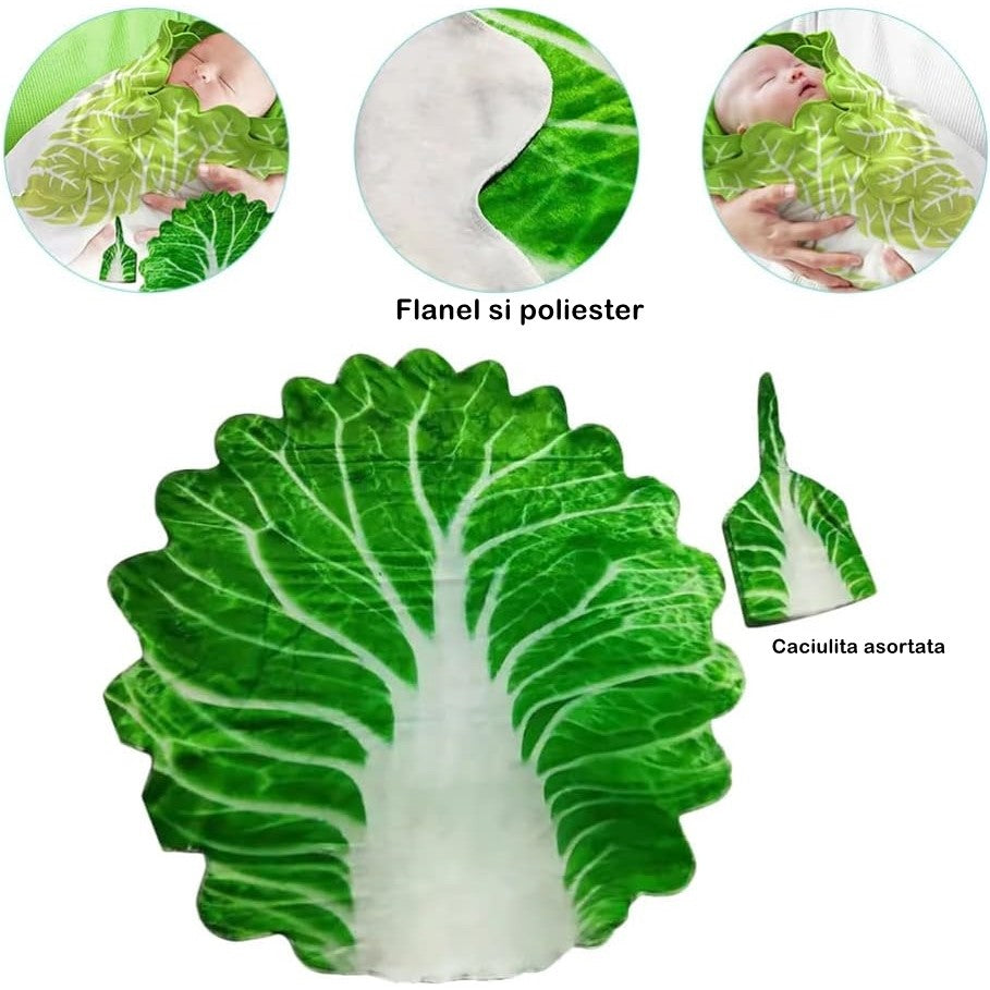 Set patura flanel si caciula Klevo, forma frunza de salata, pentru nou-nascuti, material poliester, 85 cm, verde