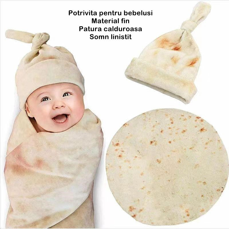 Set patura flanel si caciula Klevo, forma lipie, pentru nou-nascuti, material poliester, 85 cm, crem