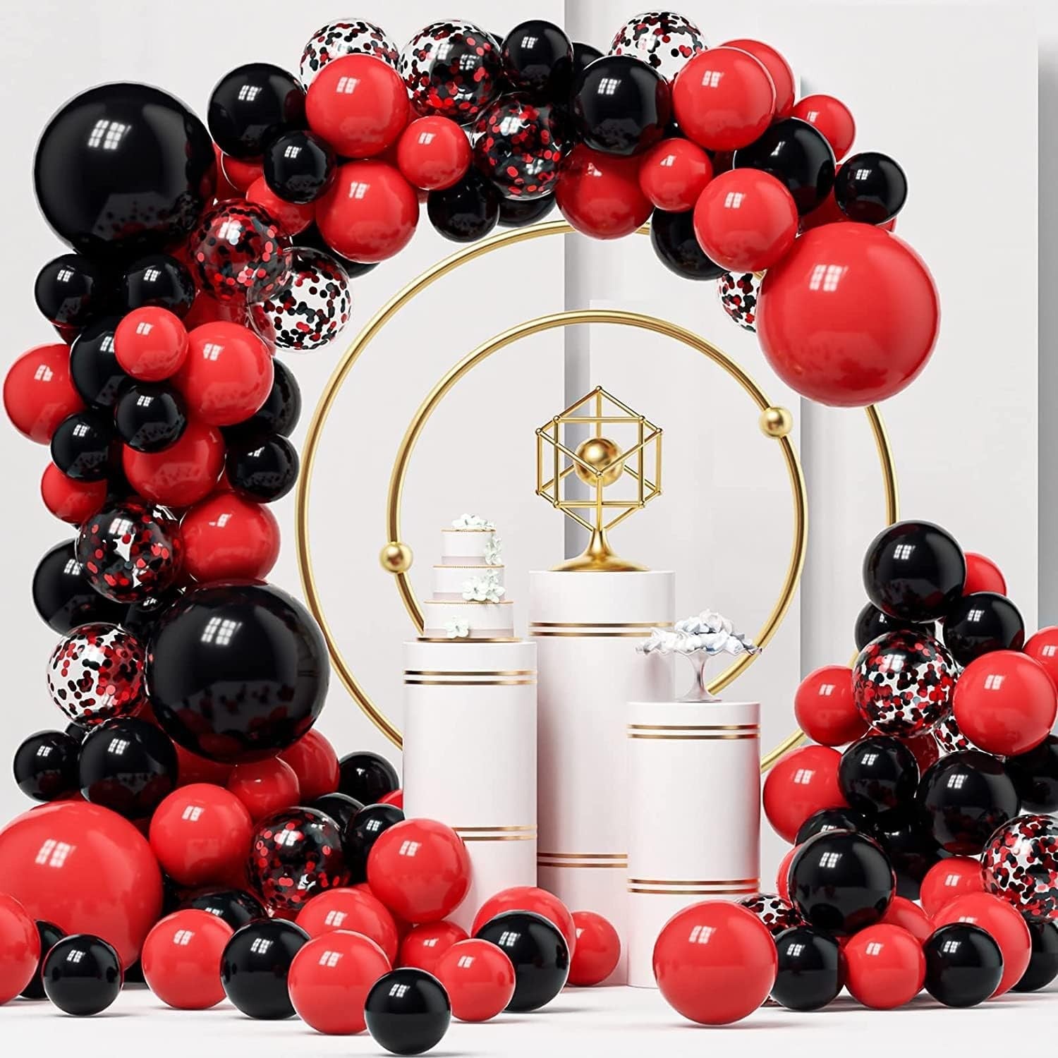 Baloane decorative pentru Nunta, Zi de Nastere, Evenimente, Klevo, Arcada Set din 124 baloane, din latex, baloane cu confetii, Negru Rosu