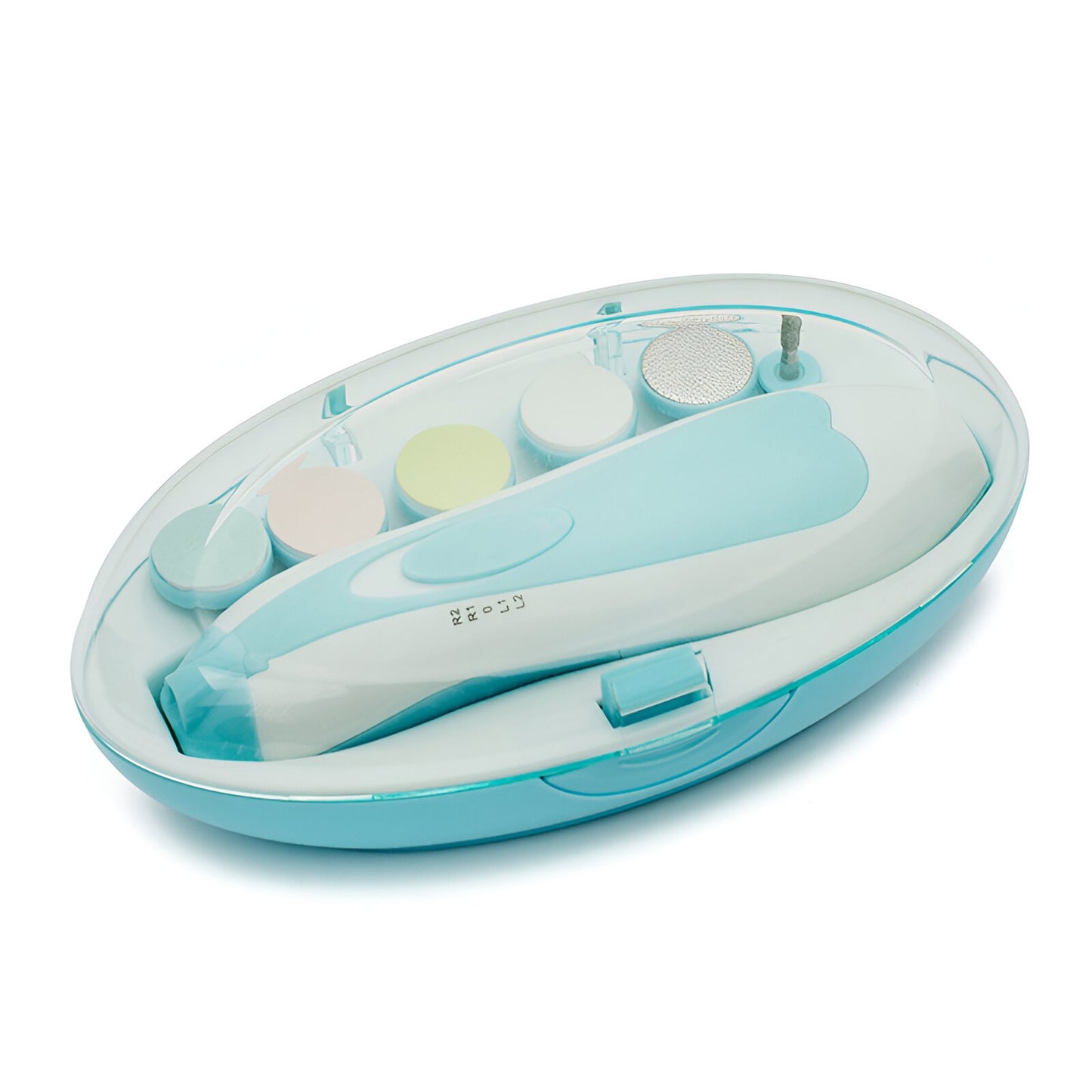 Set Pila Electrica pentru Copii si Bebelusi, Klevo, ABS, 6 Accesorii, cu Lumina LED, Albastru Alb