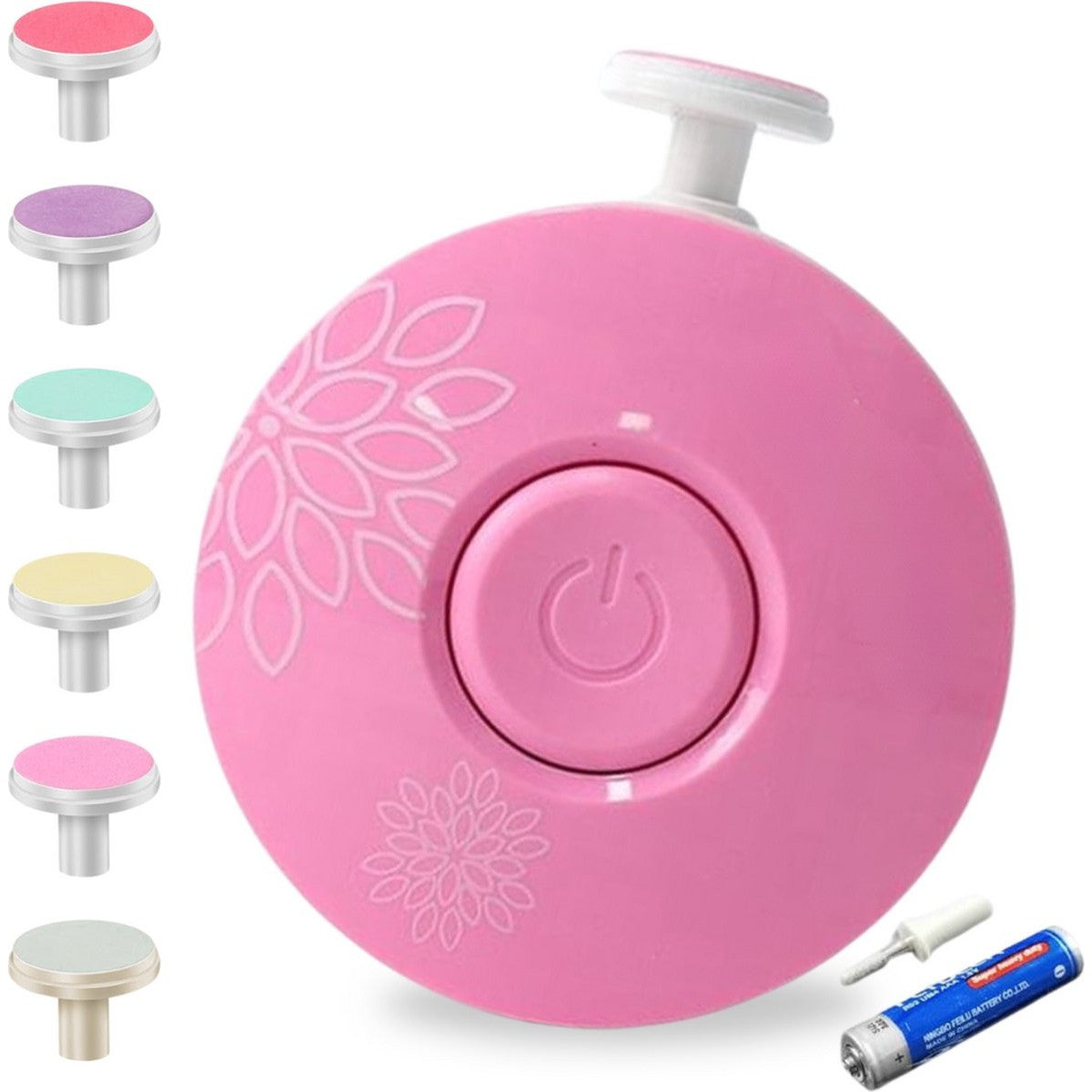 Set Pila Electrica cu Baterie, Klevo, pentru Copii si Bebelusi, din ABS, 6 Accesorii, Model cu Flori, 6.5 x 1.8 cm, Roz