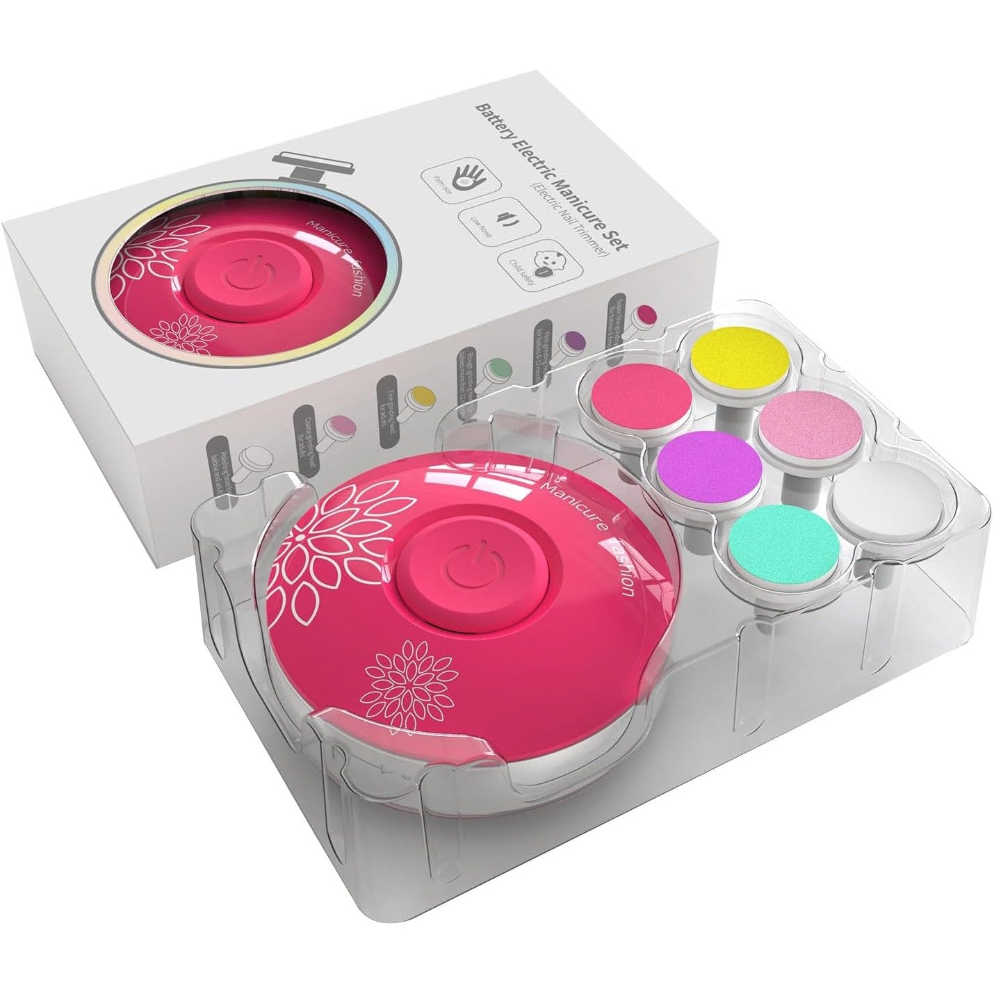 Set Pila Electrica pentru Copii si Bebelusi, Klevo, ABS, Incarcare USB, Model cu Flori, 6 Accesorii, cu Lumina LED, Fucsia