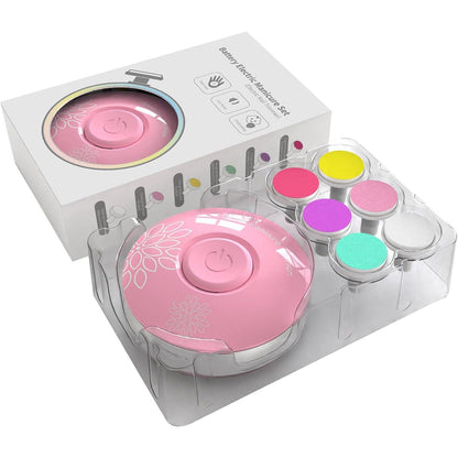 Set Pila Electrica cu Baterie, Klevo, pentru Copii si Bebelusi, din ABS, 6 Accesorii, Model cu Flori, 6.5 x 1.8 cm, Roz