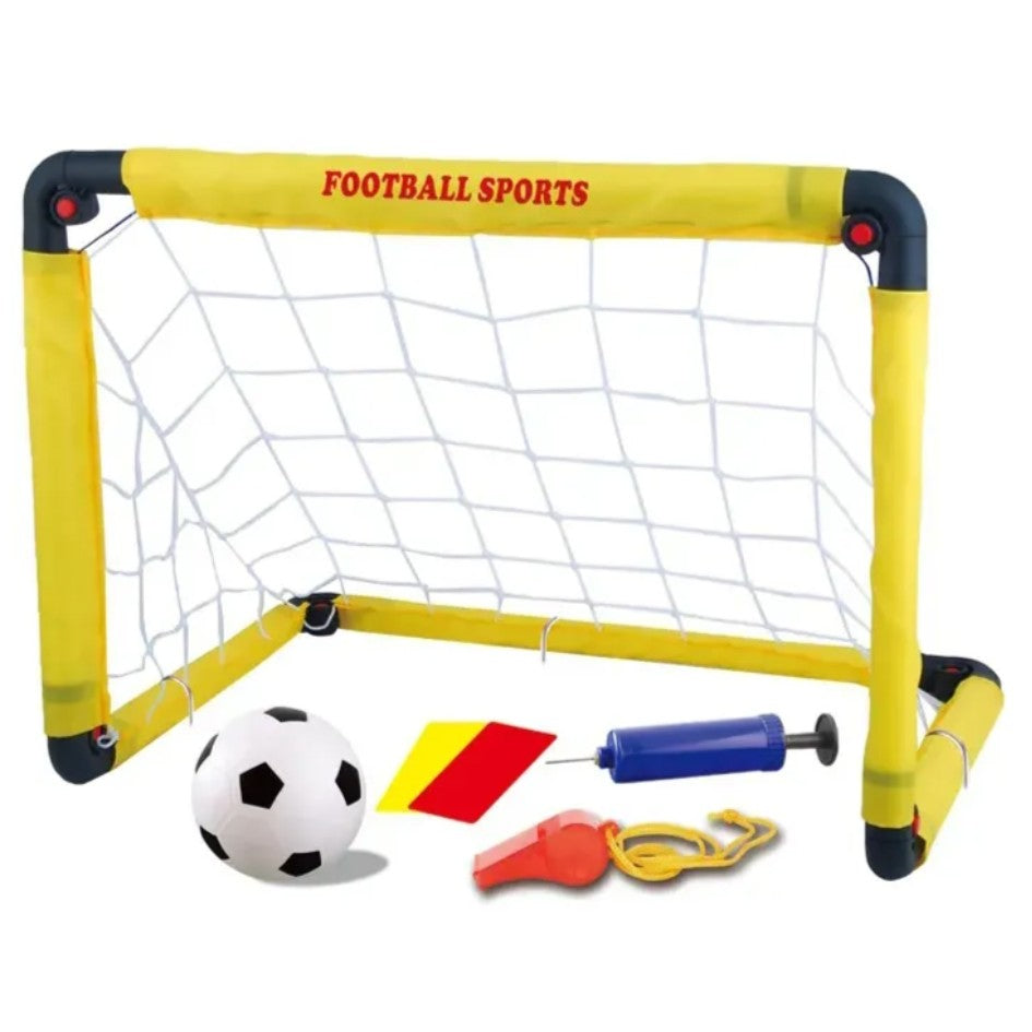 Set Poarta de Fotbal pentru Copii, Klevo, 45x60 cm, Minge, Cartonase, Pompa, Fluier, Interactiv, Distractiv, Galben