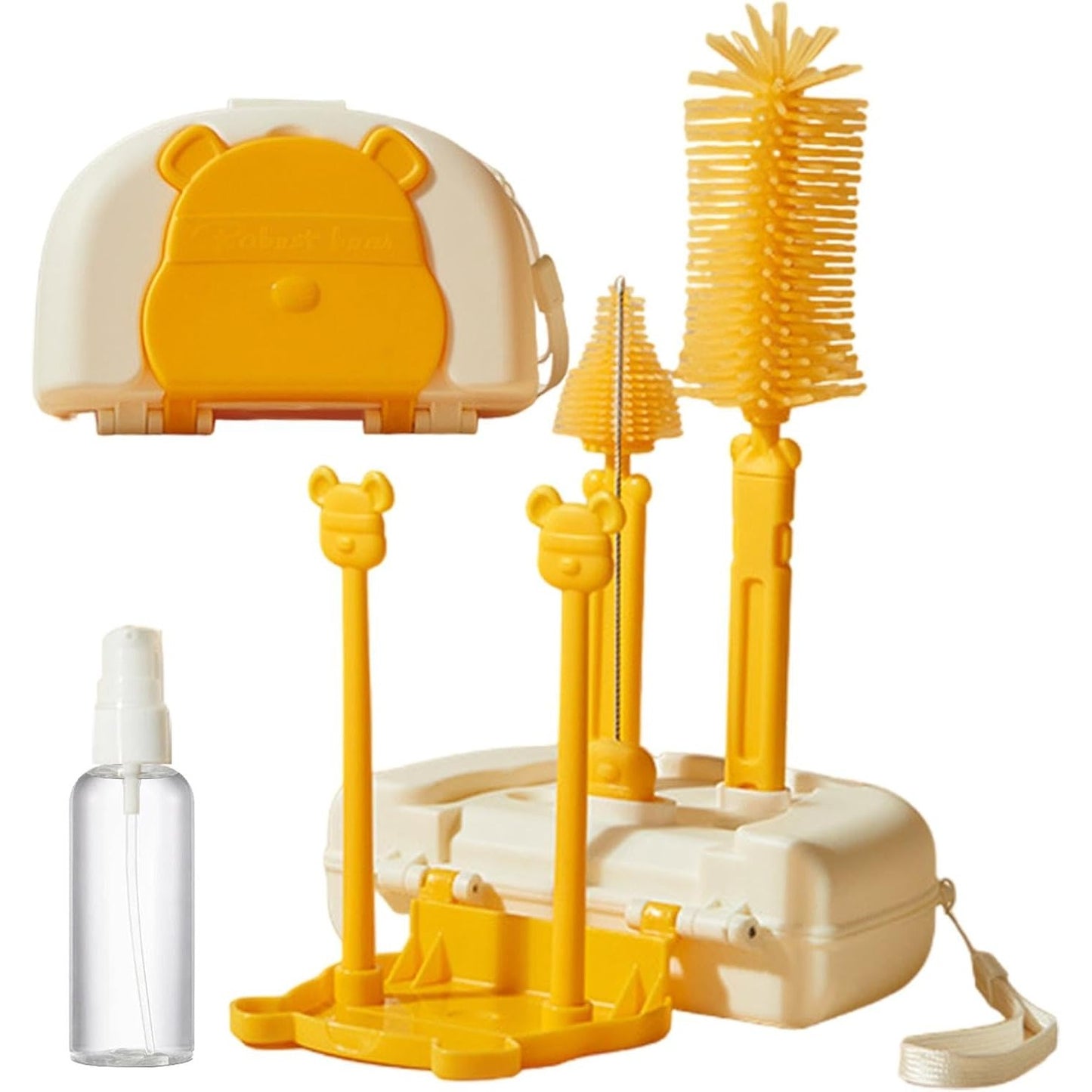 Set 7 Piese de Spalat/Uscat Biberoane, Klevo, Portabil, Peri de Silicon, pentru Tetine, Suzete, Biberoane, Paie, Cutie Inclusa, 16 x 11 x 5 cm, Model Ursulet, Galben