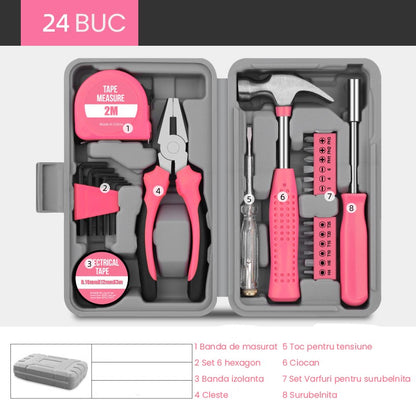 Set Scule 24 piese pentru Uz Casnic, Klevo, Instrumente Set in Trusa de Plastic Gri, din Plastic si Metal, 20 x 12.5 x 3 cm, Roz