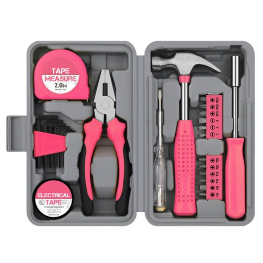 Set Scule 24 piese pentru Uz Casnic, Klevo, Instrumente Set in Trusa de Plastic Gri, din Plastic si Metal, 20 x 12.5 x 3 cm, Roz