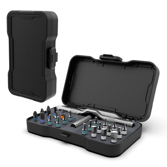 Set Surubelnita Cu Clichet, Klevo, 24 Piese, Sistem de prindere multipla, ergonomic si adaptiv, 16 × 9,3 × 3,6 cm, Negru