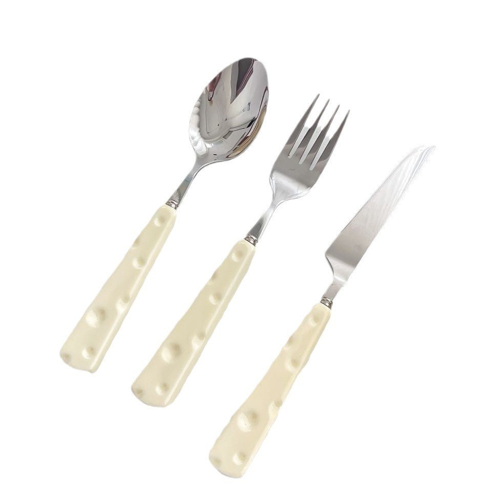 Tacamuri pentru Copii, Klevo, Set 3 Piese, Tacamuri pentru Dejun, Lingura Furculita Cutit, Stil Italian, Manere forma Cascaval Plastic, Inox, 23 cm, Auriu