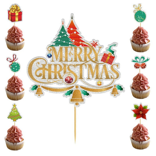 Set Toppere pentru Tort si Prajituri, Klevo, Tematica Craciun, Model Mare Scris Merry Christmas 15.5x14.3 cm, 6 Toppere Mici Modele Variate 5x5 cm, Multicolor