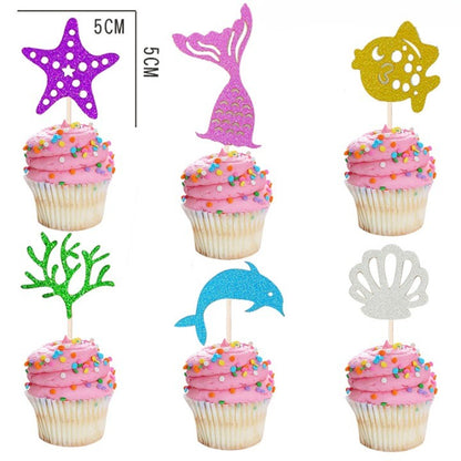 Set Toppere pentru Tort si Prajituri, Klevo, Tematica Sirena, Model Mare Scris Happy Birthday 16.5x8.2 cm, 6 Toppere Mici Model Marin 5x5 cm, Multicolor