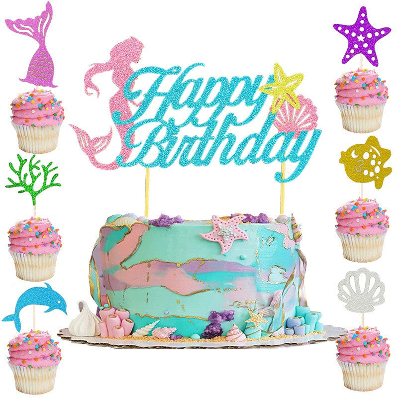Set Toppere pentru Tort si Prajituri, Klevo, Tematica Sirena, Model Mare Scris Happy Birthday 16.5x8.2 cm, 6 Toppere Mici Model Marin 5x5 cm, Multicolor