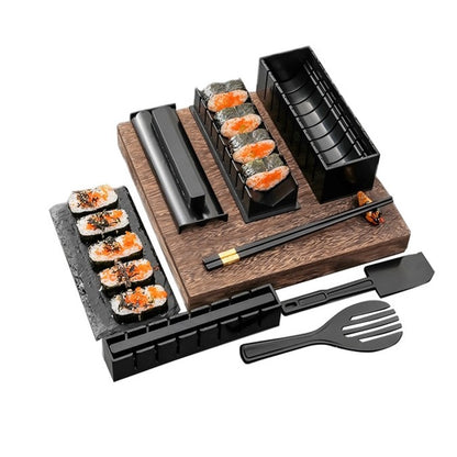 Set ustensile pentru facut sushi Klevo, 10 piese, forma inima inclus, 3 forme clasice, extensibil, finisaj lucios, material ABS, curatare usoara, negru