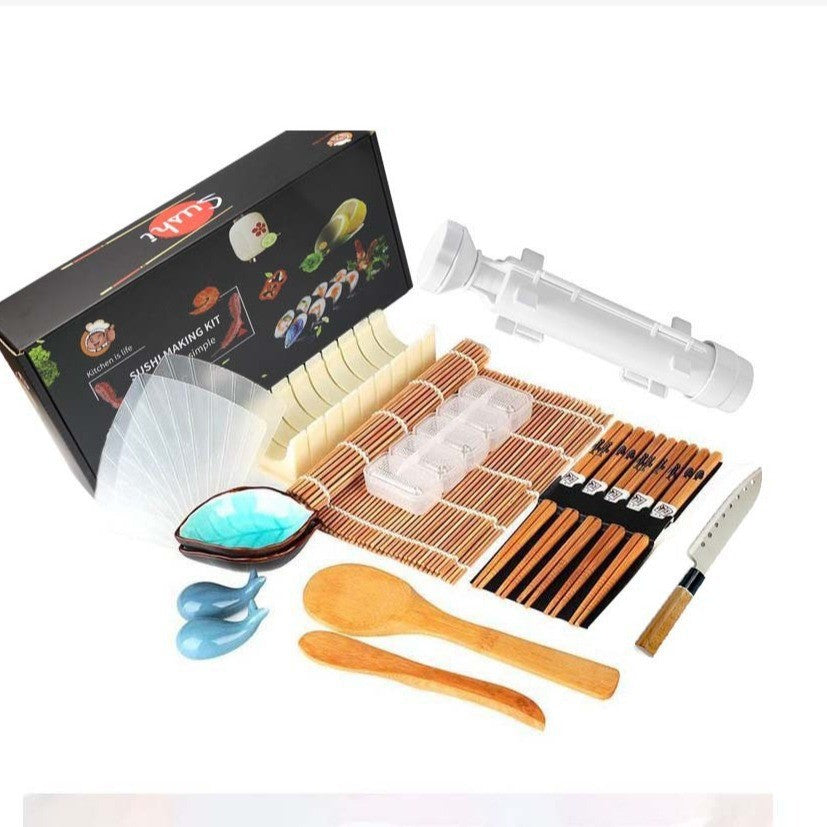 Set Ustensile pentru Sushi, Klevo, Set din 19 Accesorii pentru Sushi, Set pentru Sushi HOME MADE, Cutit Inclus, Forme, Betisoare, Multicolor