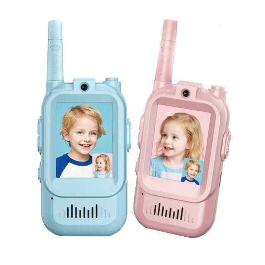 Set Walkie Talkie WiFi pentru Copii, Klevo, Set 2 Statii, Apeluri Video, cu Ecran de 2", Efecte Voce, Reincarcabile, Cabluri TYPE-C, Raza pana la 500 m, 12 x 5 x 2 cm, Roz/Albastru