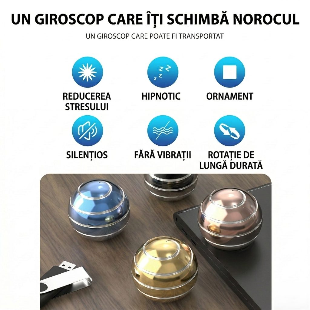 Sfera Fidget Spinner Metalic, Klevo, Corp Aliaj Zinc, Rulment Inox, Jucarie Antistres pentru Focus si Relaxare, Diametru 40 mm, Gadget pentru Birou, Scoala, Cadou pentru Copii si Adulti, Auriu