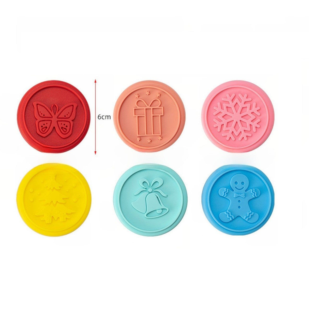 Set 6 stampile pentru prajituri Klevo, tematica de Craciun, din silicon alimentar non-toxic, taietor aluat inclus, 6 cm,  maner din plastic, compact, usor de depozitat,