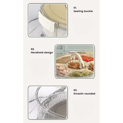 Cutie de Depozitare pentru Alimente, Klevo, cu 6 Compartimente, pentru Condimente, Fructe, Legume, cu Manere de Prindere, Rotativa 360 de Grade, Inchidere Ermetica, 32x8 cm, Alba