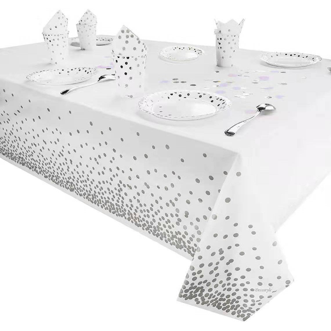 Fata de Masa, Klevo, din PEVA, Imprimeu Buline, 137 x 274 cm, Impermeabila, Fara Pete, Curatare Rapida, Argintiu