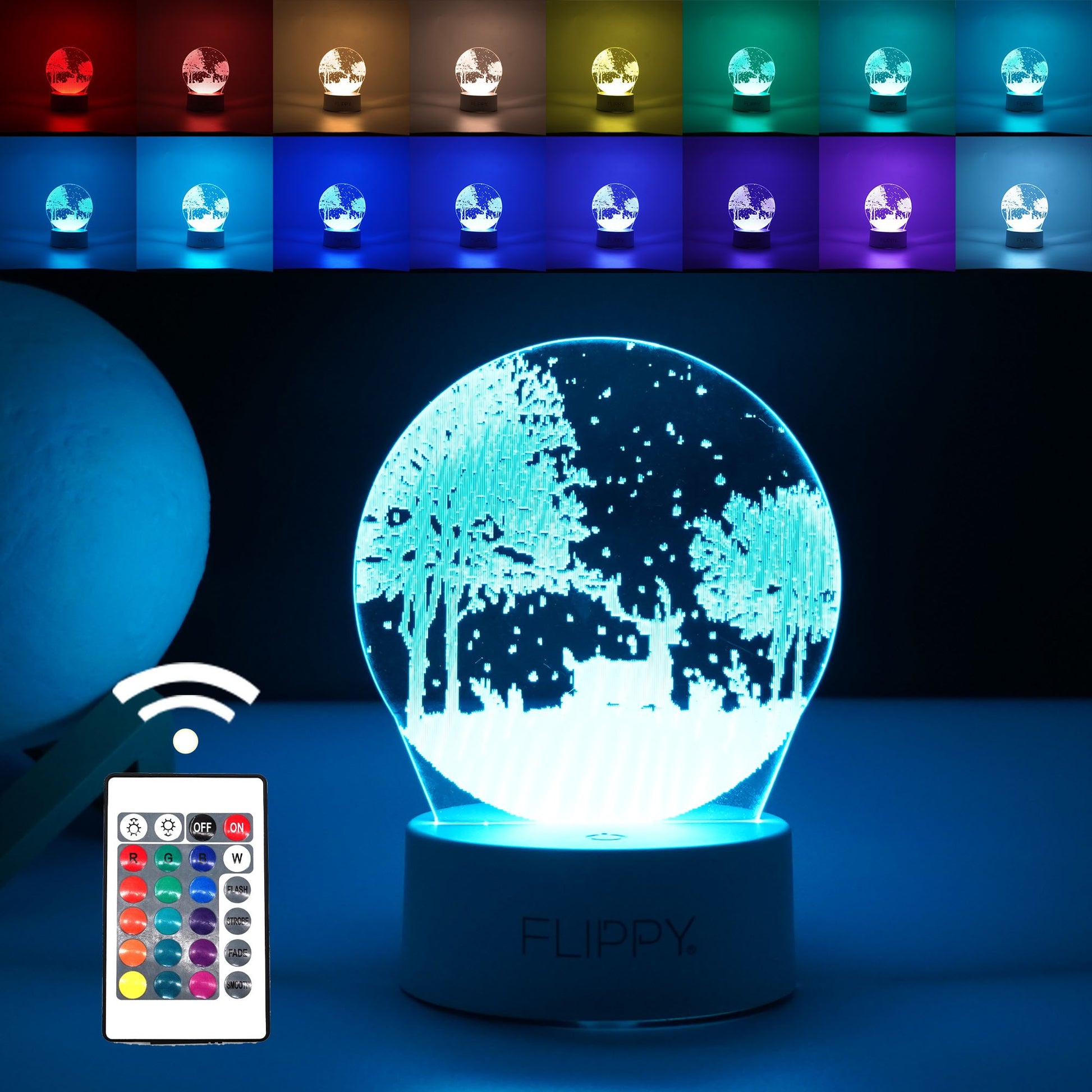 Lampa LED decorativa, Klevo, 3D, Peisaj de iarna, cu telecomanda, doua moduri de alimentare USB si baterii, 20 cm inaltime, din material acril si lumina multicolora, alb