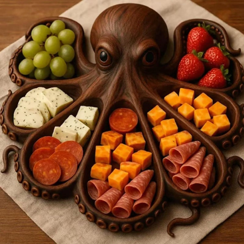 Platou pentru Servire, Klevo, in Forma de Caracatita, 8 Compartimente pentru Mezeluri Branzeturi Snacksuri, Design Artistic, din Lemn Masiv, 26 x 25 x 3 cm, Maro inchis