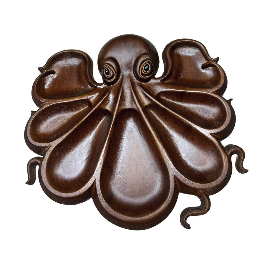 Platou pentru Servire, Klevo, in Forma de Caracatita, 8 Compartimente pentru Mezeluri Branzeturi Snacksuri, Design Artistic, din Lemn Masiv, 26 x 25 x 3 cm, Maro inchis