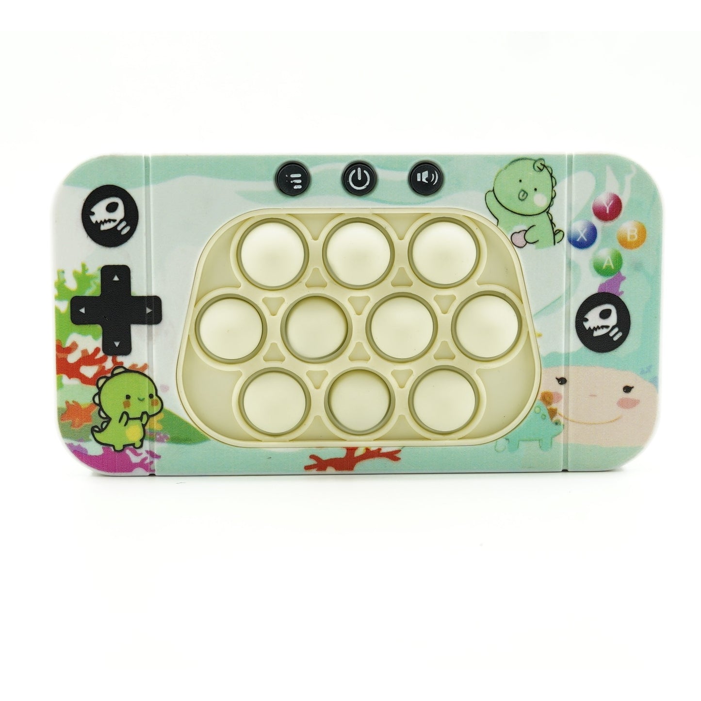 Jucarie interactiva tip consola pentru copii Klevo, speed push whack-a-mole, joc de viteza pop it, material ABS/silicon, cu nivele, sunete si lumini, 15.5 x 7.6 x 5.3 cm, model dinozaur, verde