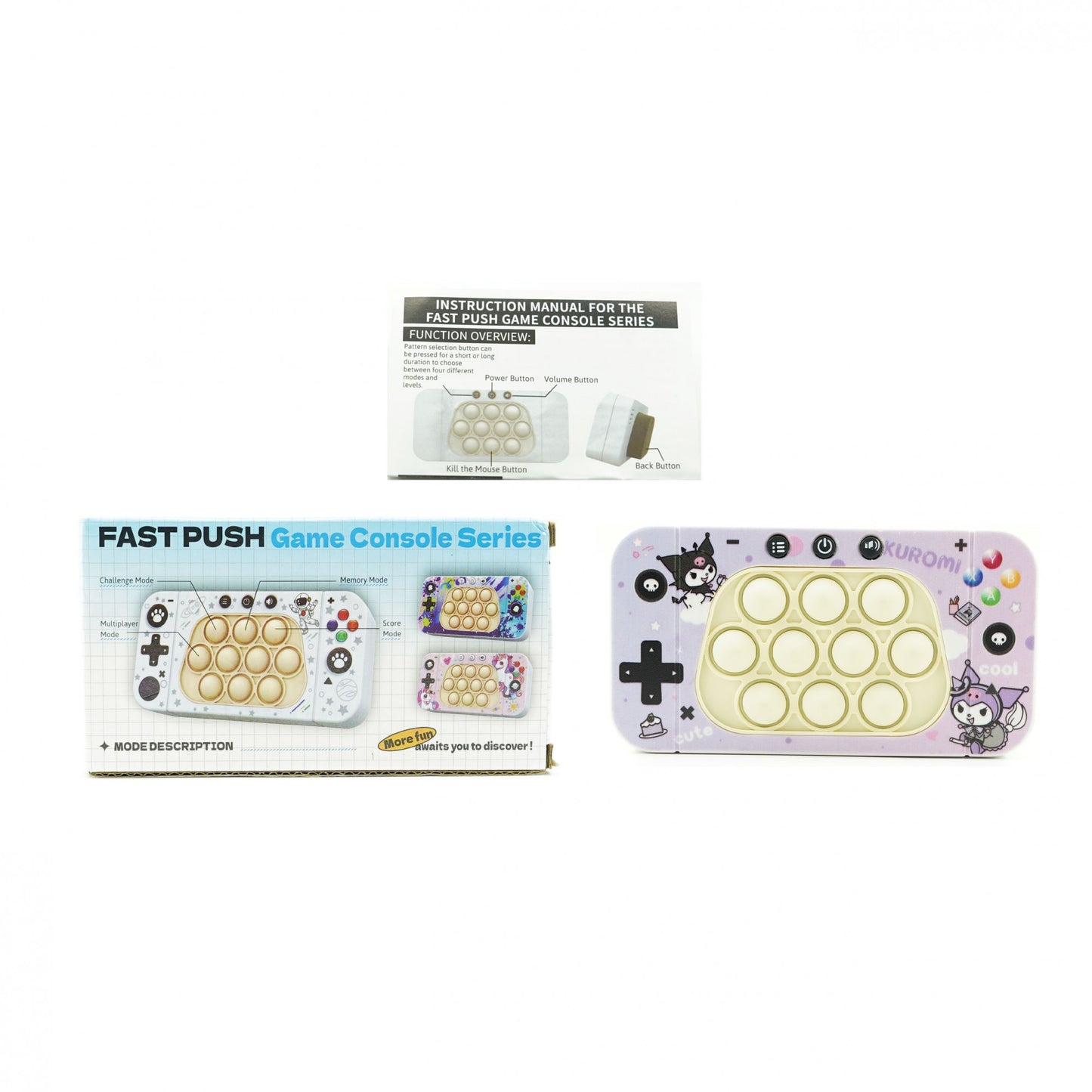 Jucarie interactiva tip consola pentru copii Klevo, speed push whack-a-mole, joc de viteza pop it, material ABS/silicon, cu nivele, sunete si lumini, 15.5 x 7.6 x 5.3 cm, model elfi, mov